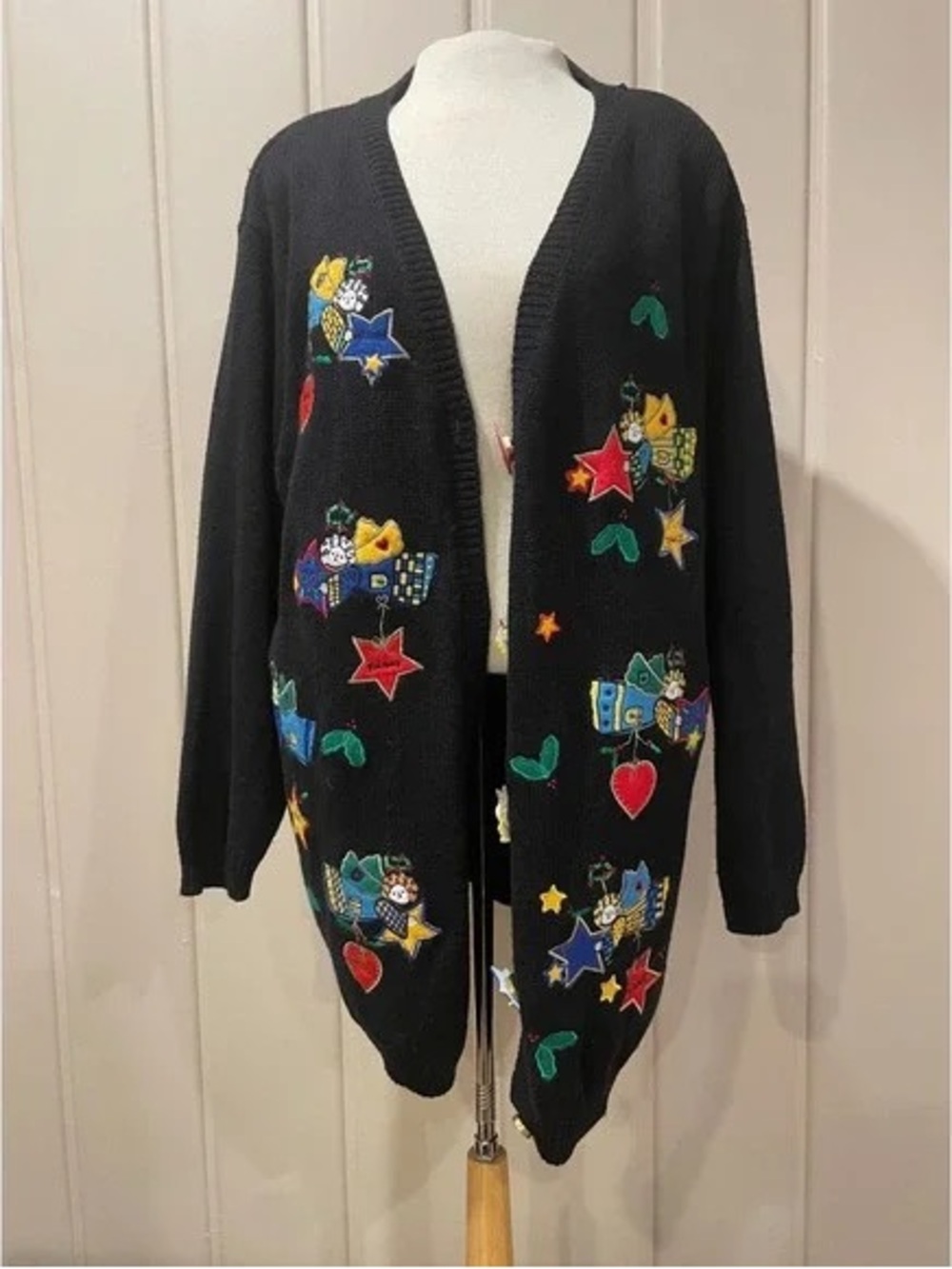 Quacker Factory Black Long Sleeve Cardigan with Multicolor Stars & Hearts